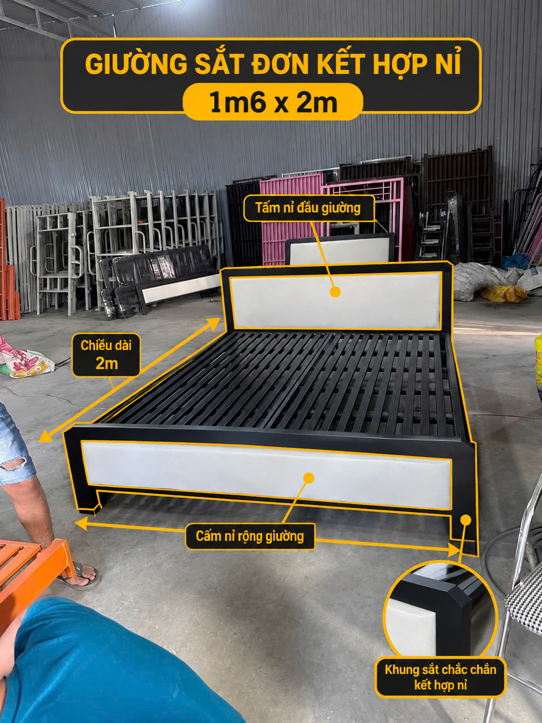 Giường sắt đơn kết hợp nỉ 1m6x2m - GDSN 016