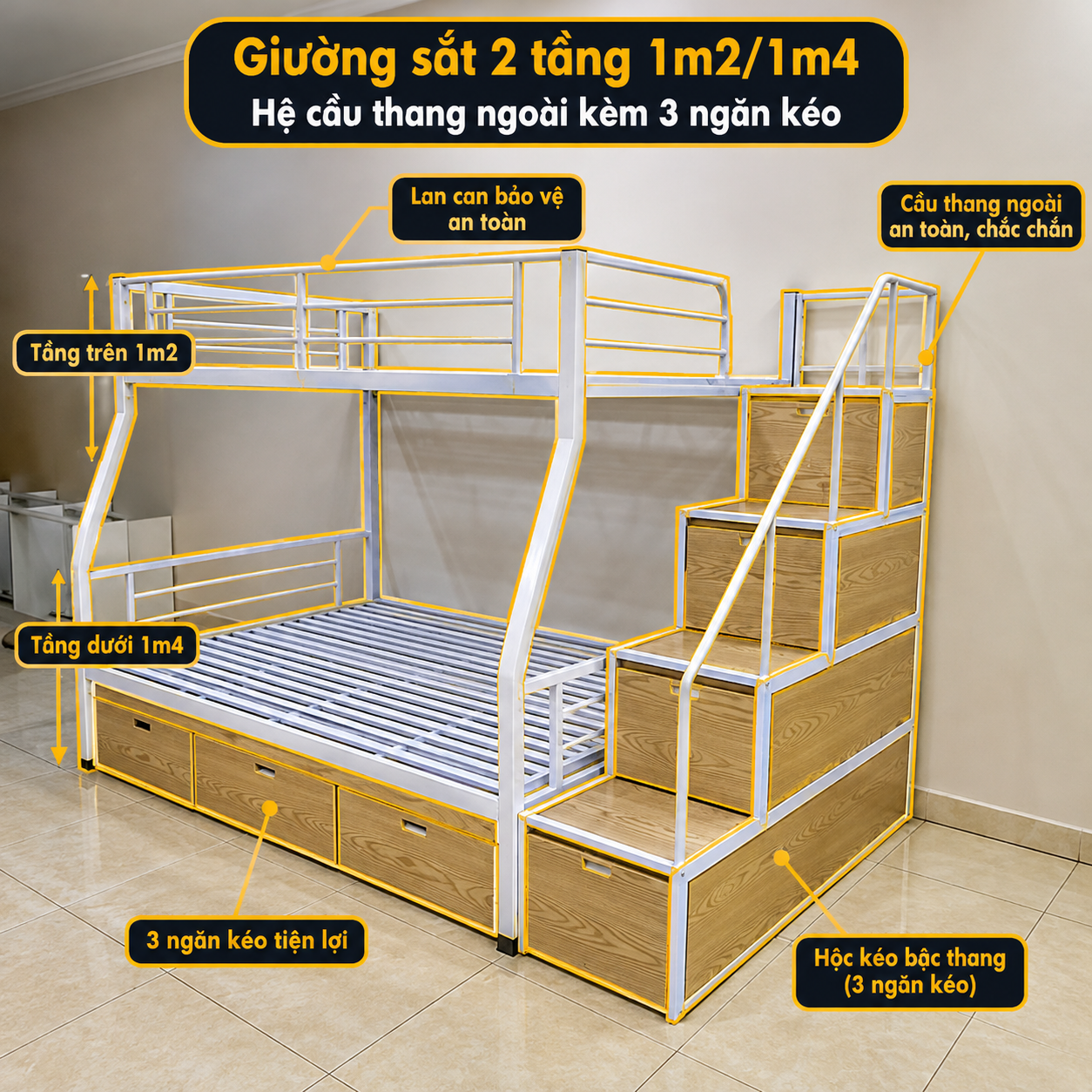 Giường sắt 2 tầng 1m2/1m4 – hệ cầu thang ngoài kèm 3 ngăn kéo