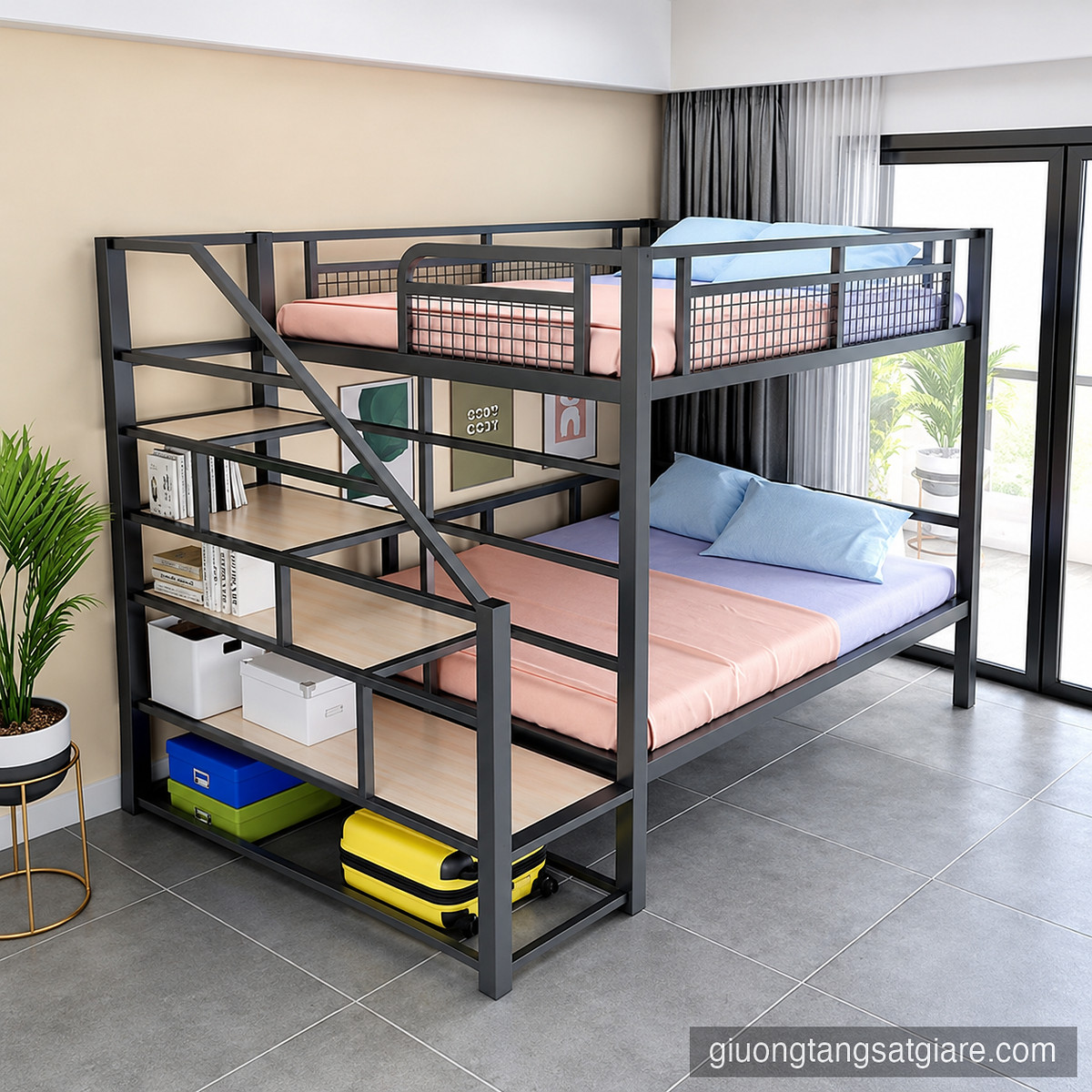 Giường sắt 2 tầng 1m2 hệ cầu thang ngoài - Mã GT2-100-190