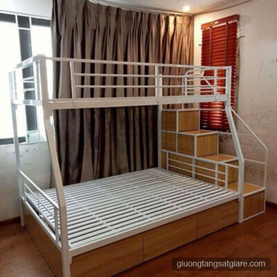 Giường sắt 2 tầng 1m2/1m4 – hệ cầu thang ngoài kèm 3 ngăn kéo