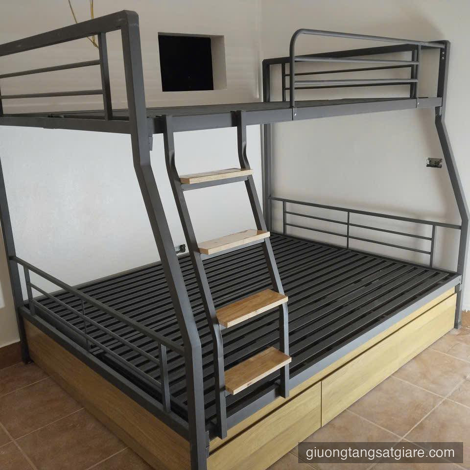 Giường sắt 2 tầng lệch trên dưới 1m4/1m2 - Có ngăn kéo
