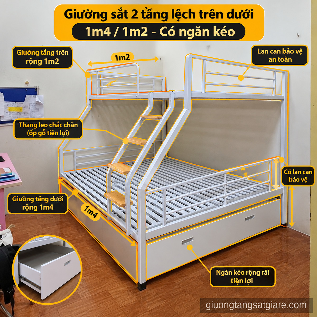 Giường sắt 2 tầng lệch trên dưới 1m4/1m2 - Có ngăn kéo