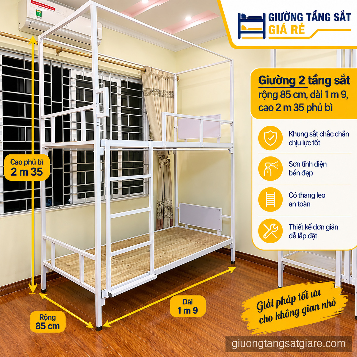 Giường 2 tầng sắt rộng 85 cm, dài 1 m 9, cao 2 m 35 phủ bì