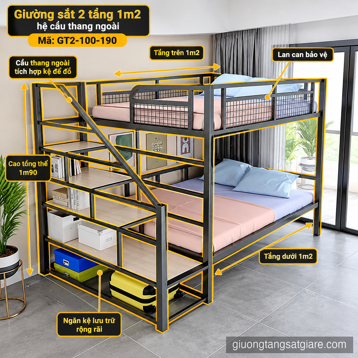 Giường sắt 2 tầng 1m2 hệ cầu thang ngoài - Mã GT2-100-190