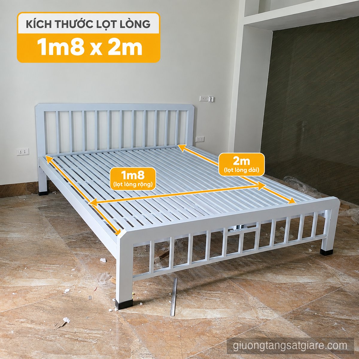 Kích thước lọt lòng 1m8 x 2m là size lớn nhất trong dòng giường sắt đơn